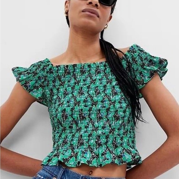 Gap Off The Shoulder June MiniFlower Green Boho Top Sz Small - Picture 1 of 5